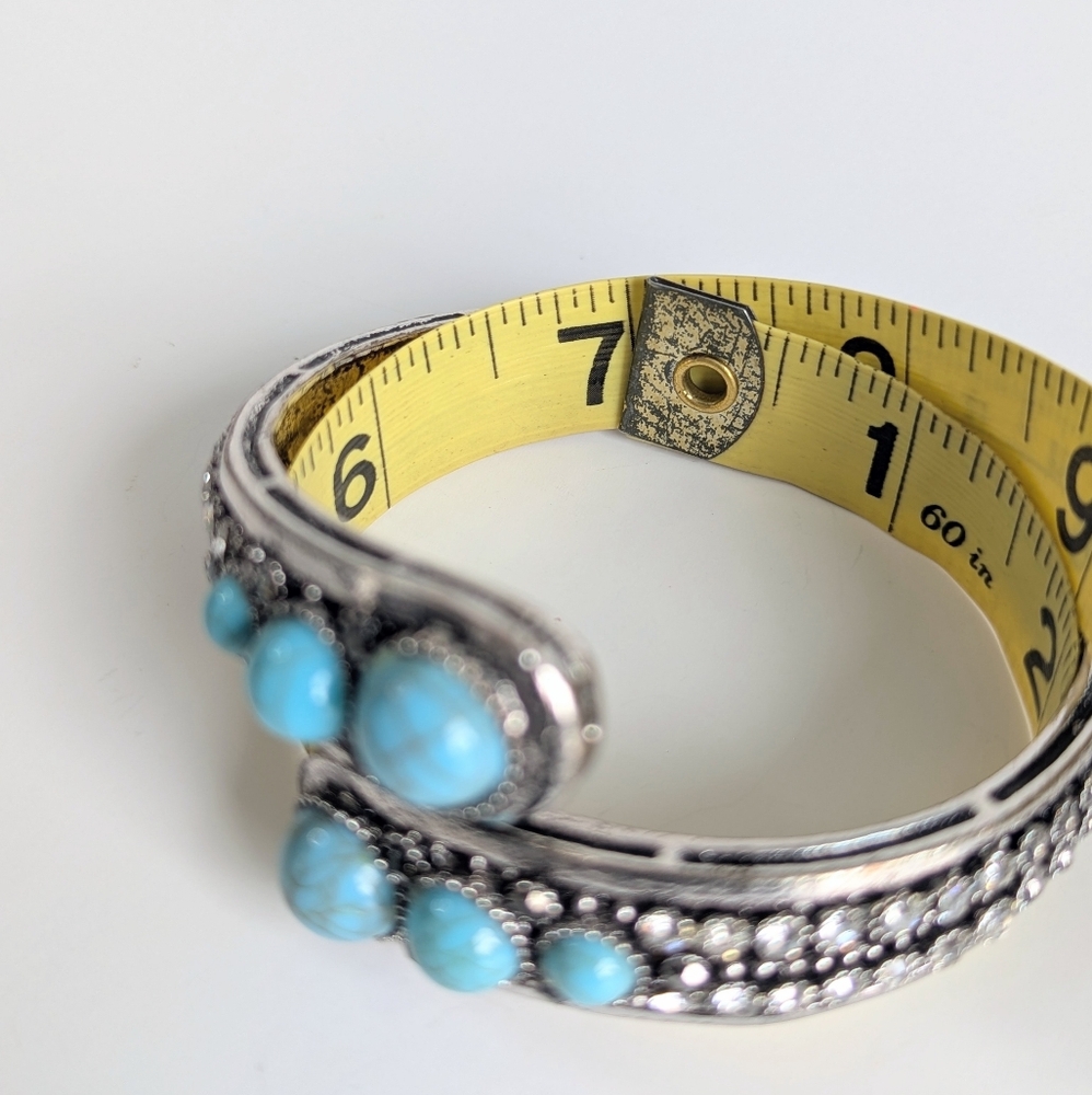 Hinged Antiqued Silver Cuff Bracelet Turquoise Cabochons Rhinestones Metal Beads - Picture 7 of 7